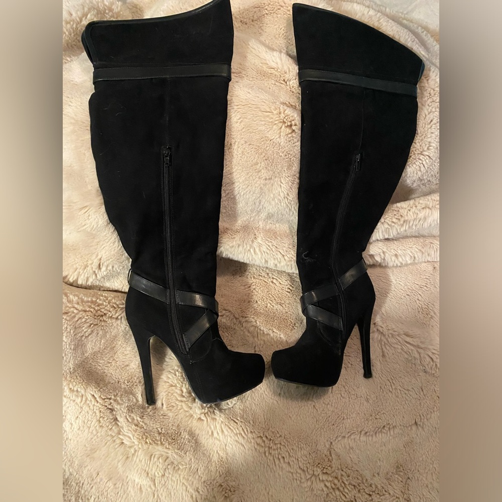 True thigh high heeled faux suede boots